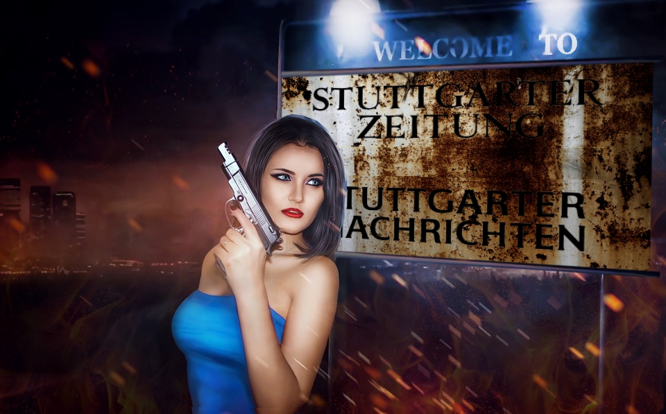 Frau mit Pistole vor einer Tafel Welcome to'Stuttgarter Zeitung' 'Stuttgarter Nachrichten'